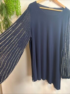 MARINA Navy Long-Sleeve Tunic with Beaded Sleeves